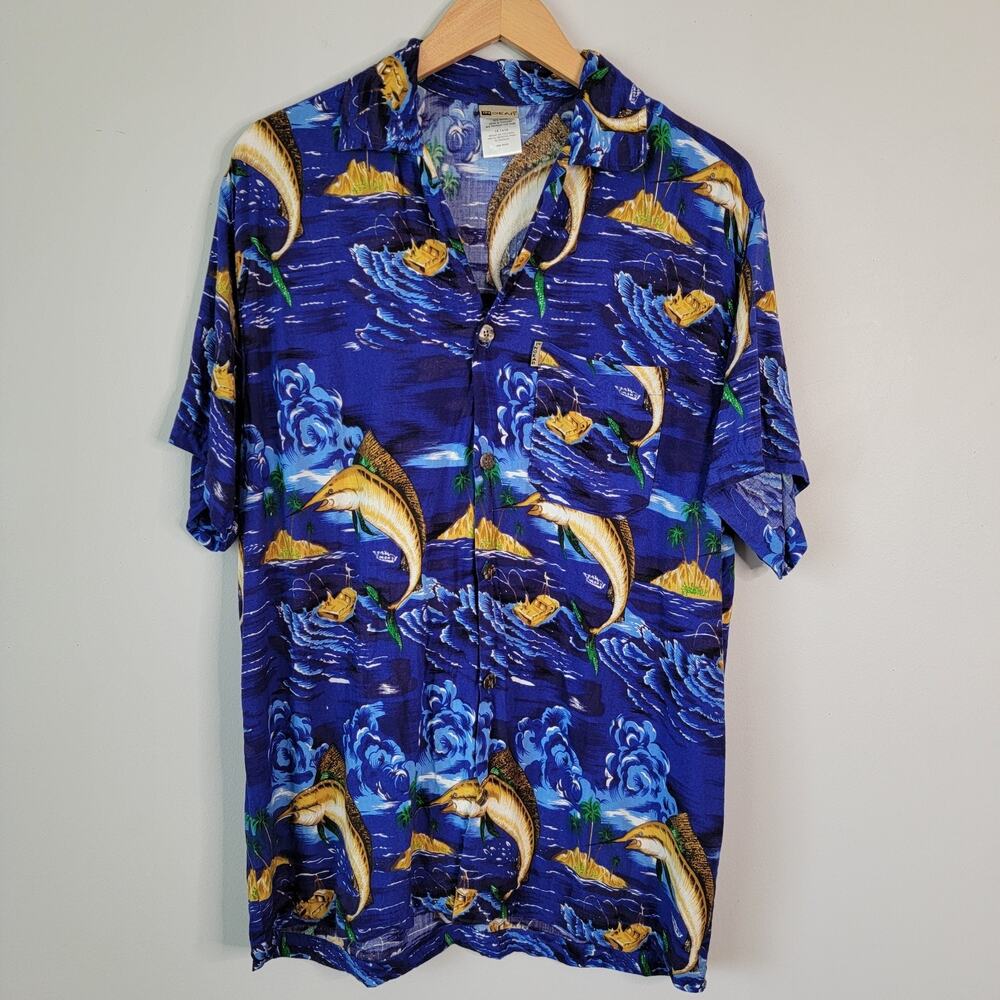 Blue Marlin Ocean Fishing Hawaiian Button Shirt Mens 1X Tropical Beach Vacation